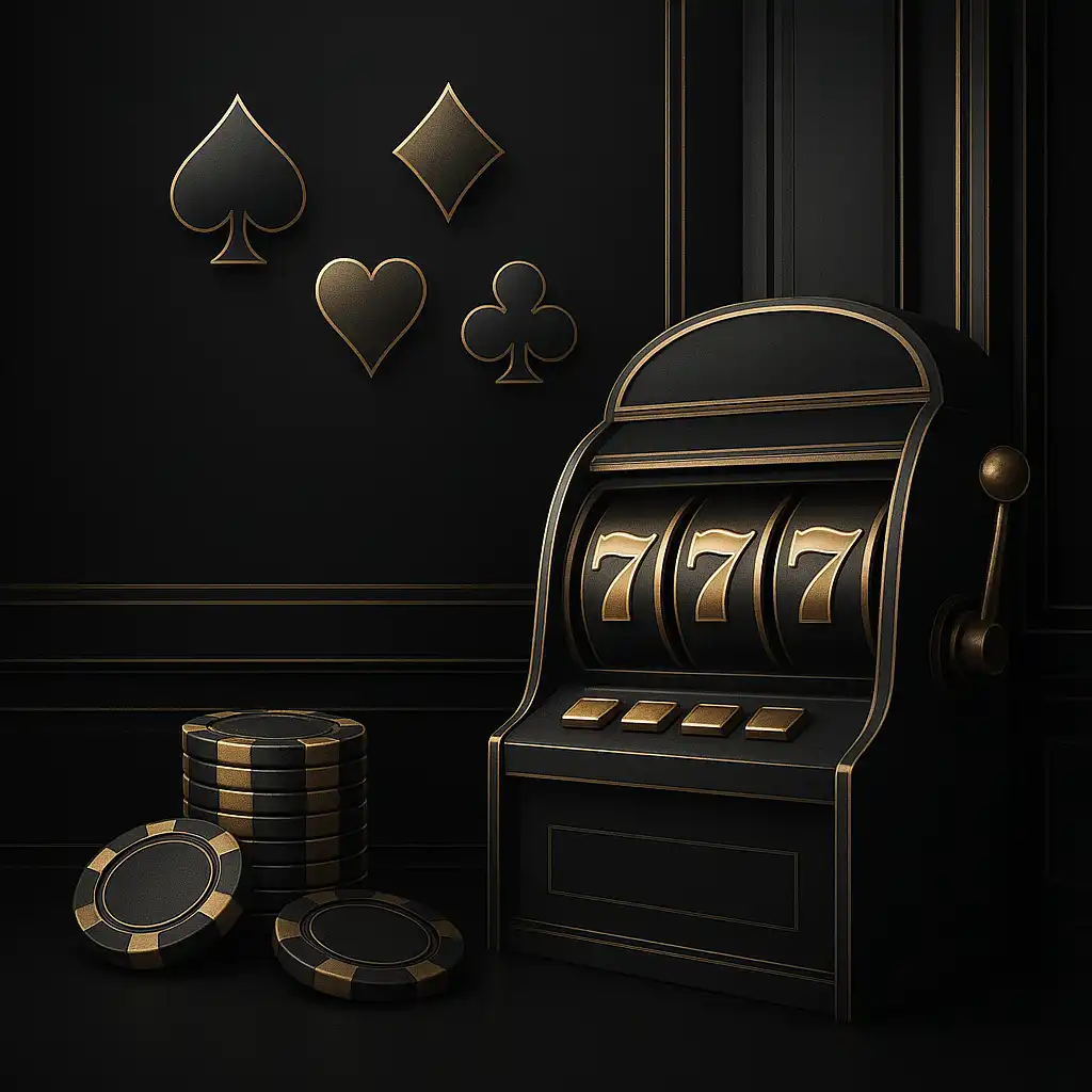 Illustrasjon av en elegant svart og gyllen casinolobby med spilleautomat-hjul og sjetonger