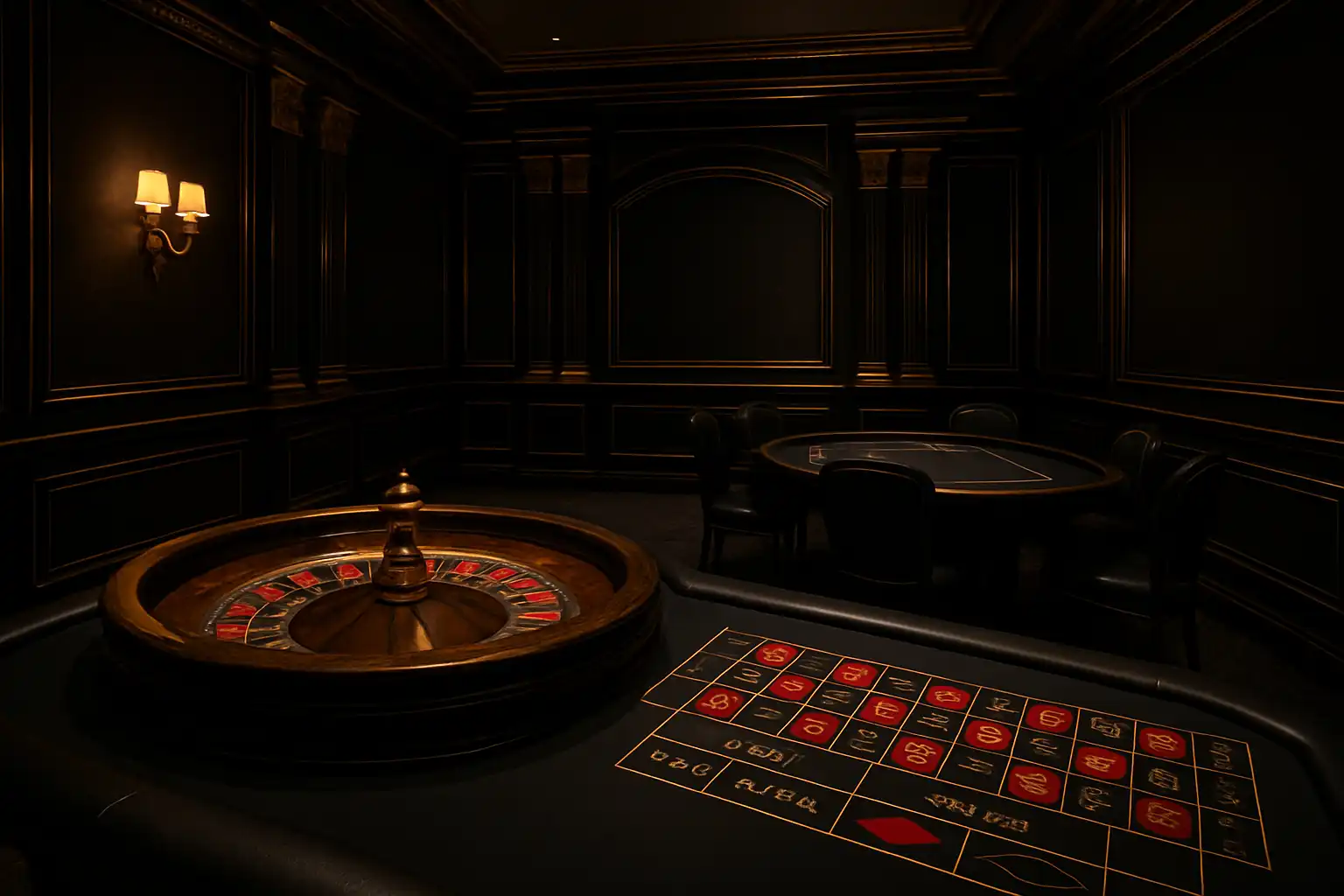 Elegant casinointeriør i svart og gull med et rulettbord og et kortbord