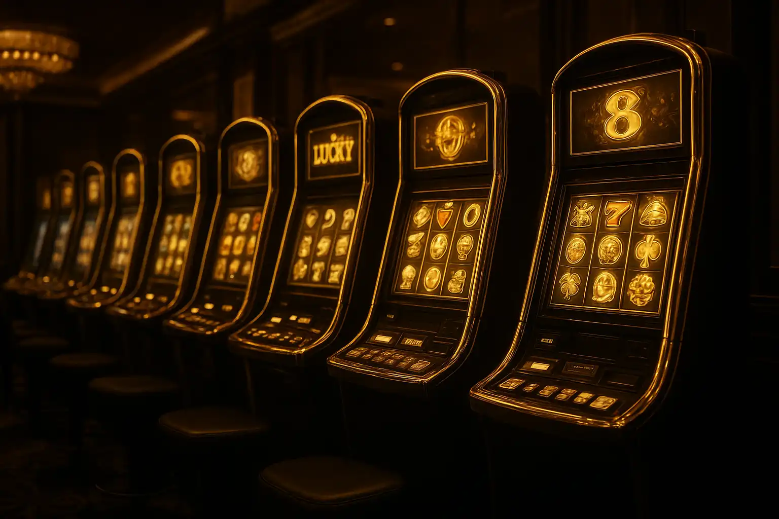 Rekke med glødende spilleautomater i gull og svart i et luksuriøst casino